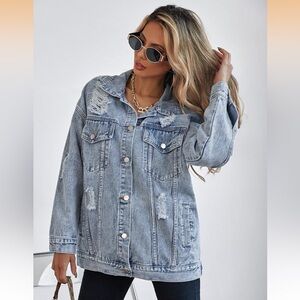 Women’s Jacket HYFVE by LALA Distressed Light Gray Blue Denim Shirt Jacket